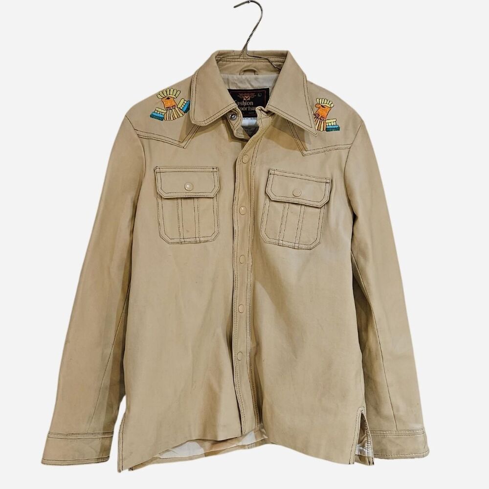 70s boho hippie tan embroidered vinyl jacket